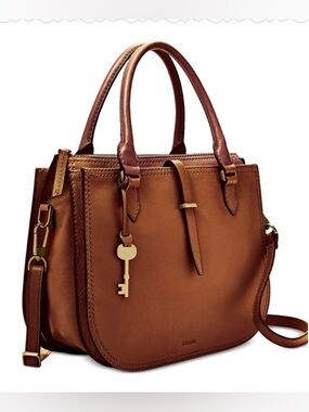 FOSSIL RYDER SATCHEL MEDIUM HANDBAG PURSE COGNAC BROWN LEATHER SOFT CROSSBODY